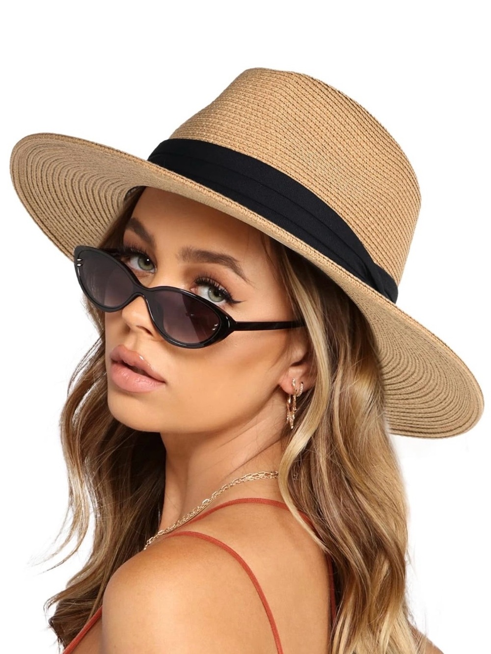 Furtalk Women’s Straw Fedora Hat with Black Band - Natural M-L
